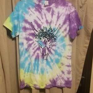 Handmade Tie Dye shirt with glitter cow skull